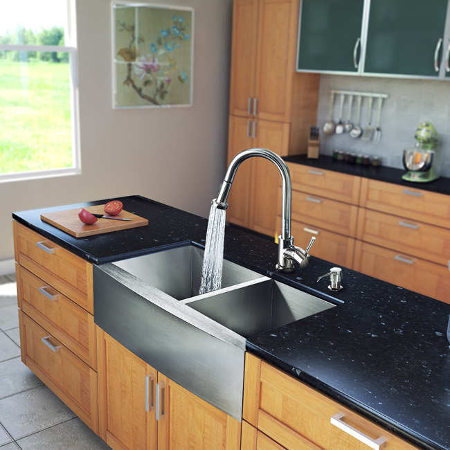 All in One 33-inch Farmhouse Stainless Steel Double Bowl Kitchen Sink and Chrome Faucet Set