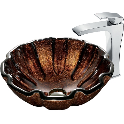 Walnut Shell Glass Vessel Sink and Faucet Set in Chrome