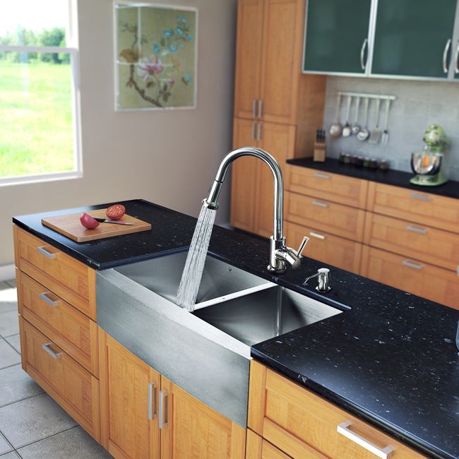 All in One 33-inch Farmhouse Stainless Steel Double Bowl Kitchen Sink and Chrome Faucet Set
