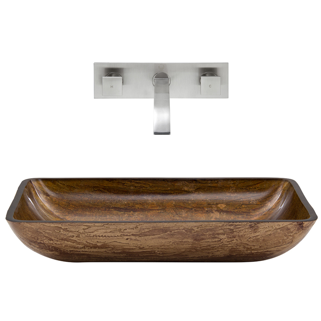 Rectangular Amber Sunset Glass Vessel Sink and Wall Mount Faucet Set in Brushed Nickel