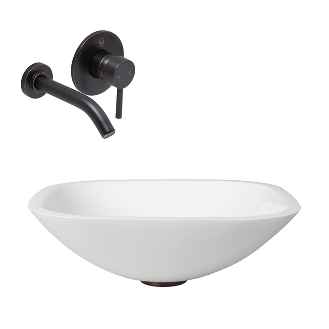 Square Shaped White Phoenix Stone Glass Vessel Sink with Antique Rubbed Bronze Wall Mount Faucet