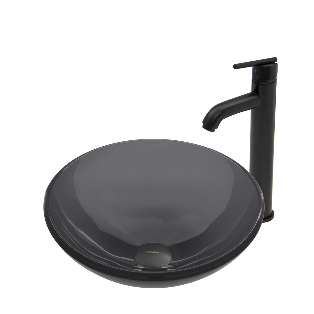 Sheer Black Glass Vessel Sink and Seville Faucet Set in Matte Black