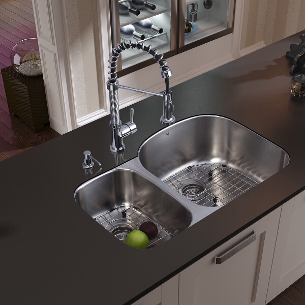 Undermount Stainless Steel Kitchen Sink, Faucet, Two Grids, Two Strainers and Dispenser