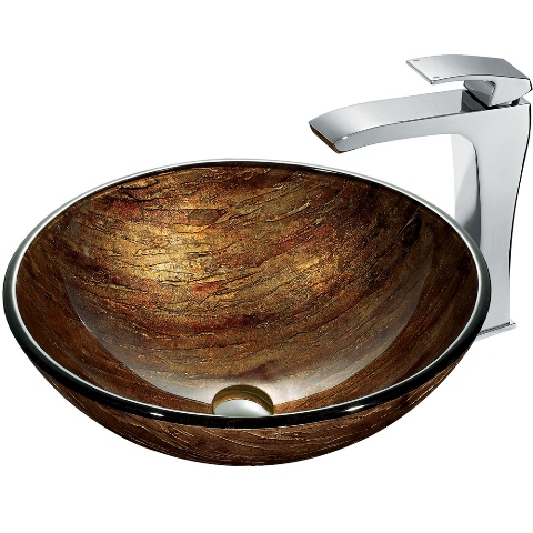 Amber Sunset Glass Vessel Sink and Faucet Set in Chrome