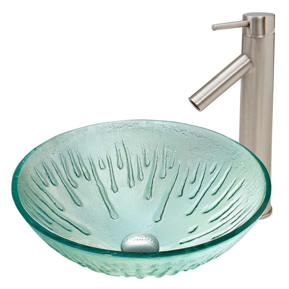 Icicles Glass Vessel Sink and Dior Faucet Set in Brushed Nickel