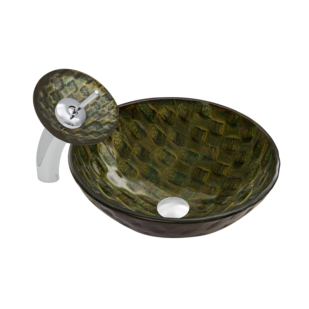 Amazonia Glass Vessel Sink and Waterfall Faucet Set in Brushed Nickel Finish