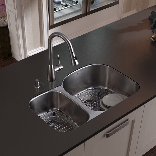 Undermount Stainless Steel Kitchen Sink, Faucet, Two Grids, Two Strainers and Dispenser