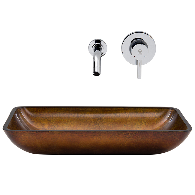 Rectangular Russet Glass Vessel Sink and Wall Mount Faucet Set in Chrome