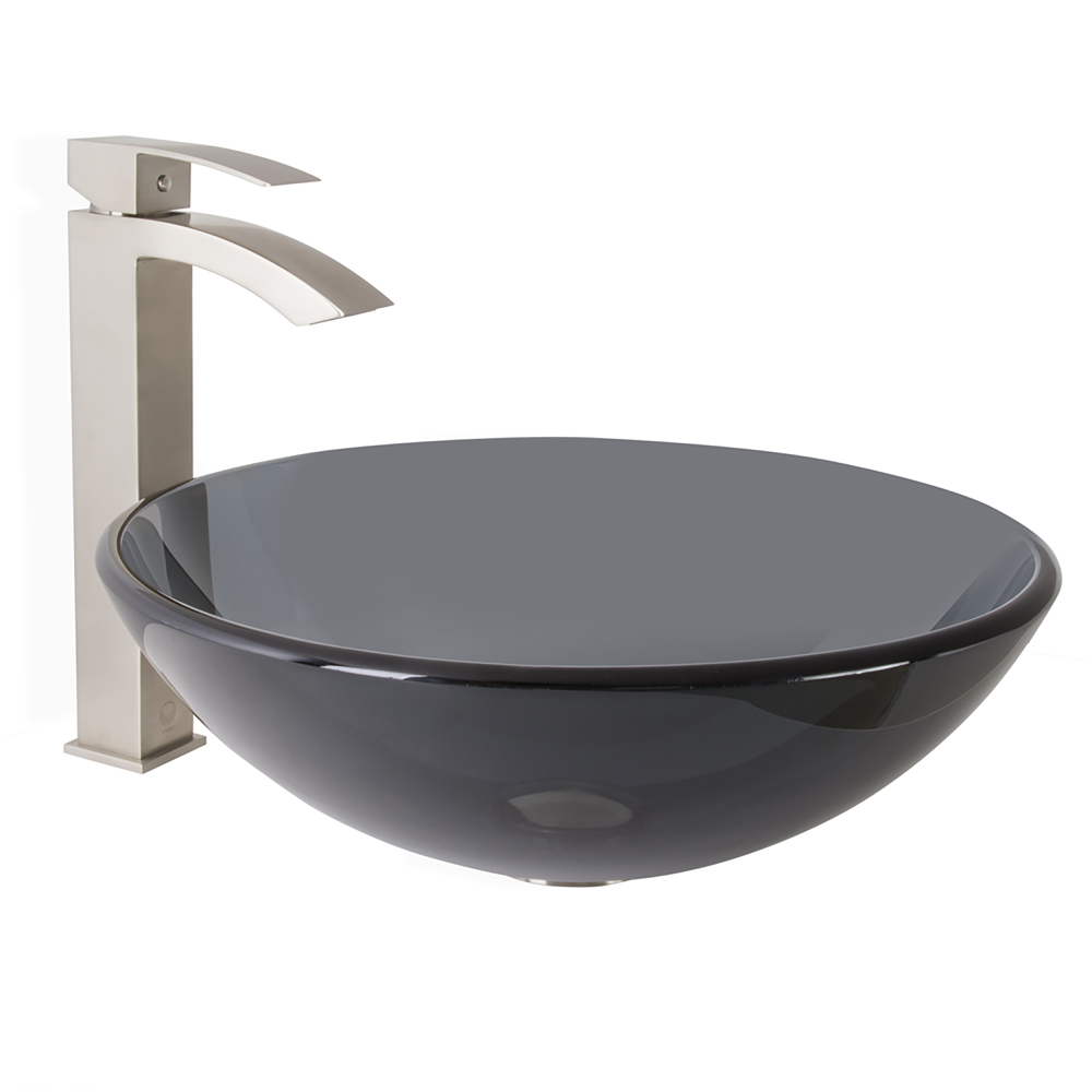 Sheer Black Glass Vessel Bathroom Sink and Duris Bathroom Vessel Faucet in Brushed Nickel