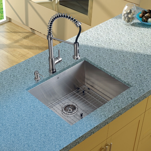Undermount Stainless Steel Kitchen Sink, Faucet, Grid, Strainer and Dispenser