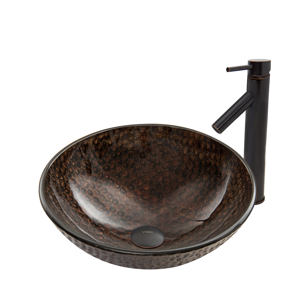Copper Shield Glass Vessel Sink and Dior Faucet Set in Antique Rubbed Bronze