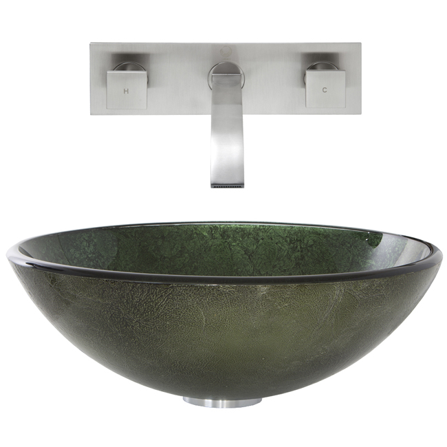 Emerald Glass Vessel Sink and Titus Wall Mount Faucet Set in Brushed Nickel