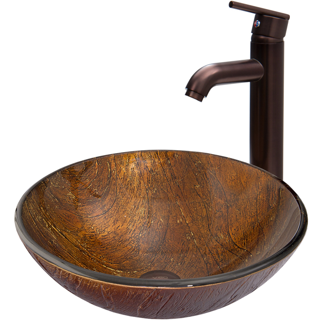 Kenyan Twilight Glass Vessel Sink and Seville Faucet Set in Oil Rubbed Bronze