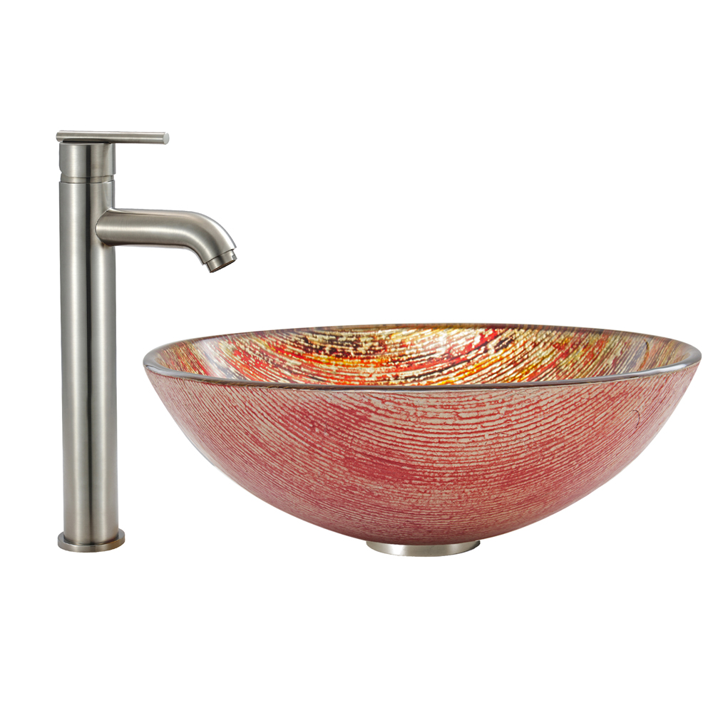 Blazing Fire Glass Vessel Sink and Seville Faucet Set in Brushed Nickel