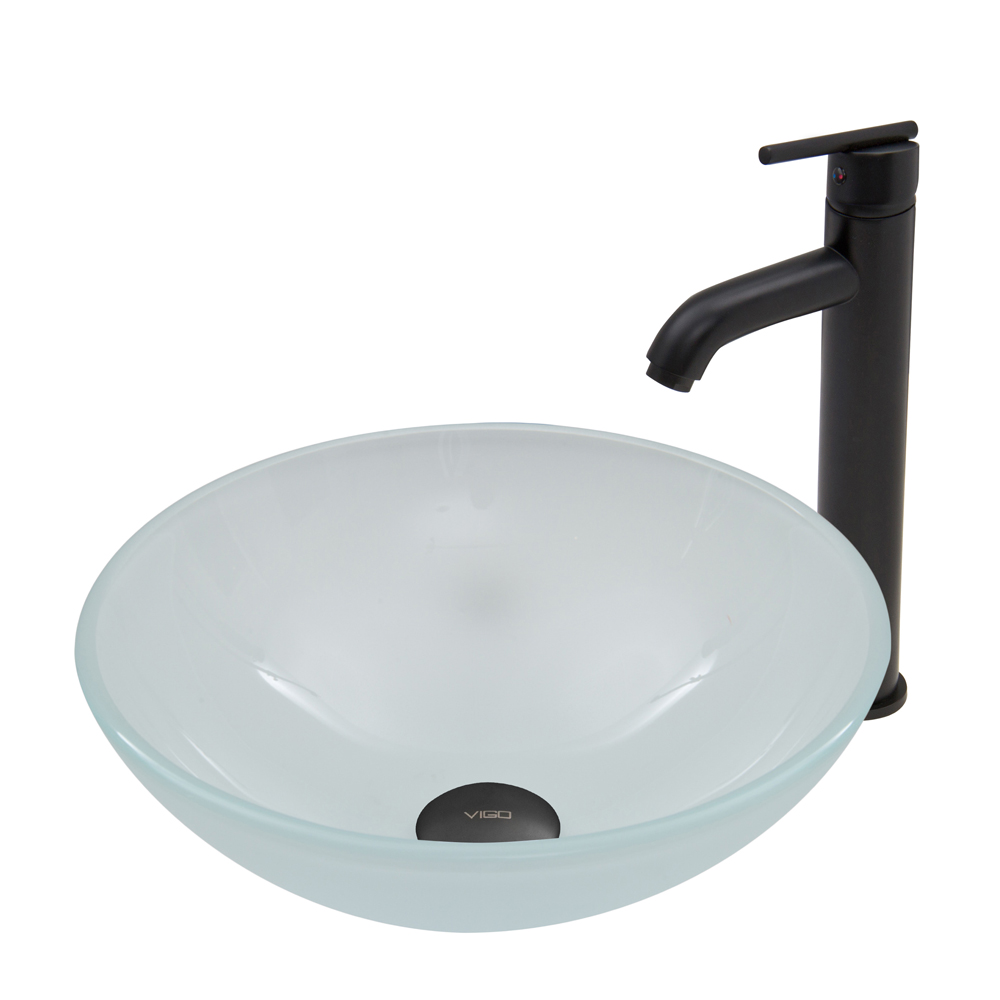 White Frosted Glass Vessel Sink and Seville Faucet Set in Matte Black