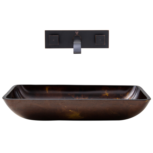 Rectangular Brown and Gold Fusion Glass Vessel Sink and Wall Mount Faucet Set in Antique Rubbed Bronze