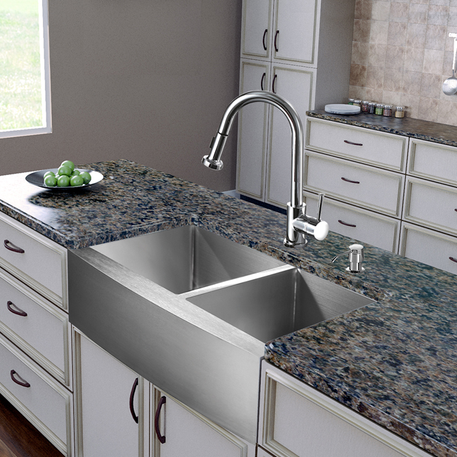 All in One 36-inch Farmhouse Stainless Steel Double Bowl Kitchen Sink and Chrome Faucet Set