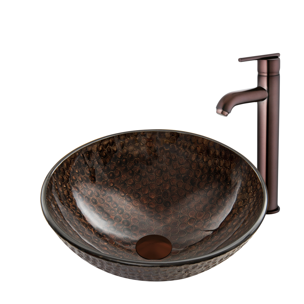 Copper Shield Glass Vessel Sink and Seville Faucet Set in Oil Rubbed Bronze