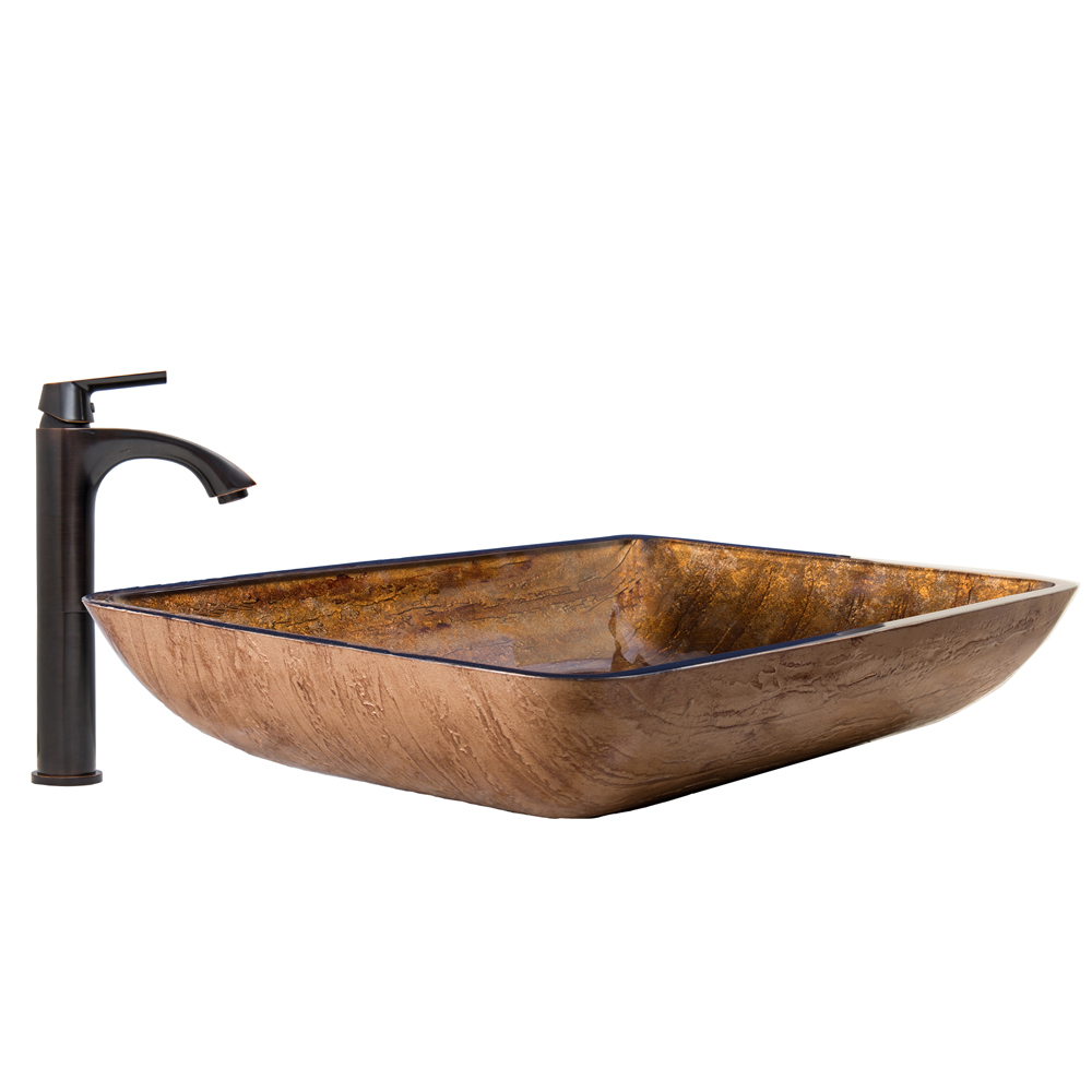 Rectangular Amber Sunset Glass Vessel Sink and Linus Faucet Set in Antique Rubbed Bronze