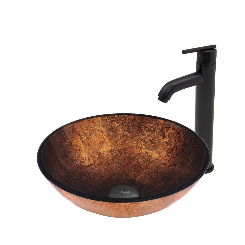 Russet Glass Vessel Sink and Seville Faucet Set in Matte Black