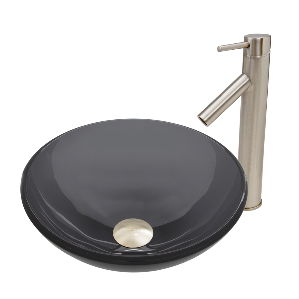 Sheer Black Glass Vessel Sink and Dior Faucet Set in Brushed Nickel