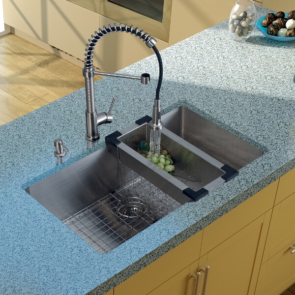 Undermount Stainless Steel Kitchen Sink, Faucet, Colander, Grid, Strainer and Dispenser